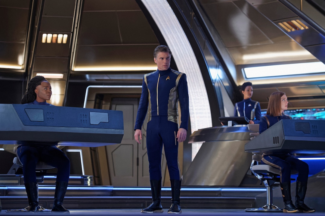 (Photo courtesy Ben Mark Holzberg/CBS) Oyin Oladejo as Joann Owosekun, Anson Mount as Captain Pike, Sonequa Martin-Green as Burnham, and Emily Coutts as Keyla Detmer on “Star Trek: Discovery.”