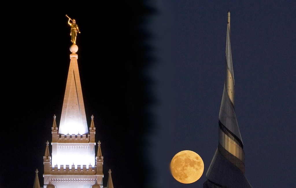 (Jeremy Harmon | The Salt Lake Tribune; Charlie Riedel | AP) The Salt Lake Temple of The Church of Jesus Christ of Latter-day Saints, left, and the Community of Christ Temple in Independence, Mo.