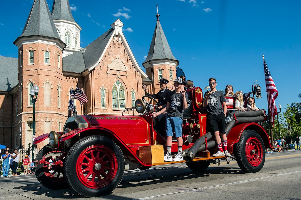 Chris Detrick  |  The Salt Lake TribuneThe Old No. 1 1917 American LaFrance Fire Engine drives past the Provo City Center Temple during the annual Freedom Festival Grand Parade in downtown Provo Tuesday, July 4, 2017. 
