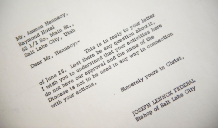 (Jeremy Harmon  |  The Salt Lake Tribune) In this letter from August 3, 1961, Bishop Joseph Federal tells Ammon Hennacy that his work does not have the approval  of the Catholic Diocese of Salt Lake City. 