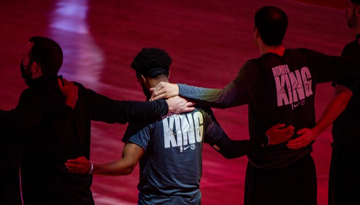 (Rick Egan | The Salt Lake Tribune) The Utah Jazz and the Atlanta Hawks wear Martin Luther King Jr. shirts as they pause for the National Anthem, before NBA action between the Utah Jazz and the Atlanta Hawks at Vivint Arena, on Friday, Jan. 15, 2021.,
