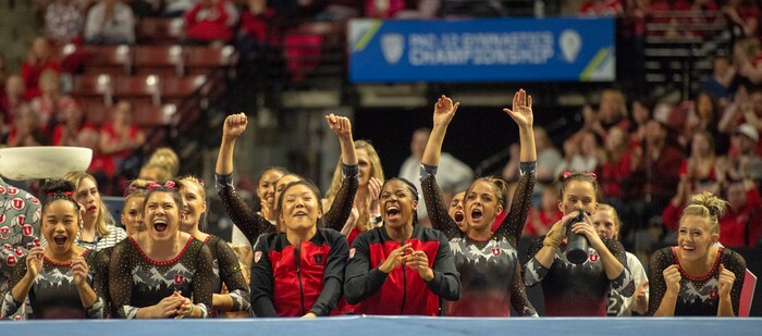 (Rick Egan  |  The Salt Lake Tribune)    Utah cheers for Kari Lee as she finished her floor routine for Utah, in the PAC-12 Gymnastics Championships at the Maverik Center, Saturday, March 23, 2019.


