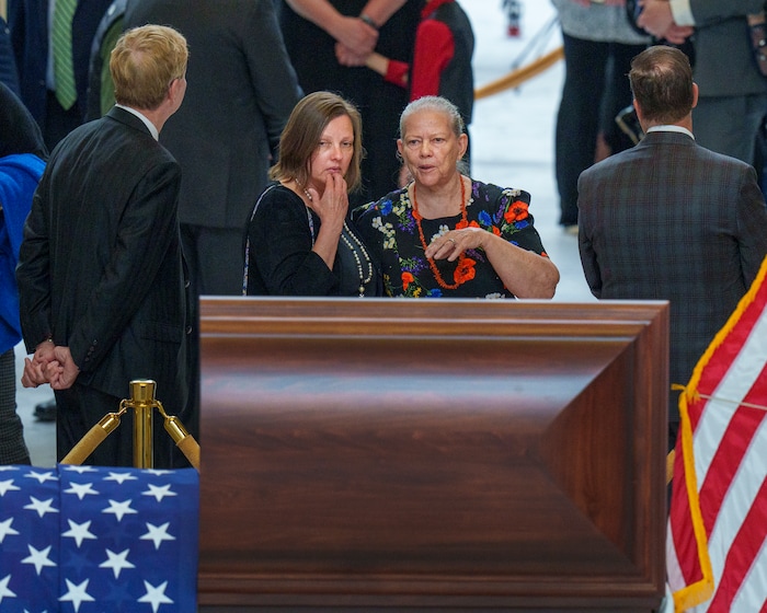 (Leah Hogsten | The Salt Lake Tribune)  Mourners pass the casket of former U.S. Sen. Orrin Hatch at the Utah Capitol during a public viewing on Wednesday, May 4, 2022. Hatch, the longest-serving Republican senator in U.S. history and the longest-serving from Utah, died April 23 at age 88.
