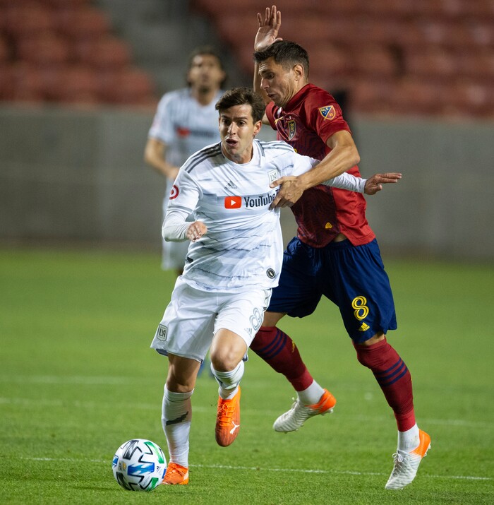 (Rick Egan  |  The Salt Lake Tribune).  Los Angeles FC midfielder Francisco Ginella (8) brings the ball downfield as Real Salt Lake midfielder Damir Kreilach (8) defends, in MLS soccer action between Real Salt Lake and Los Angeles FC at Rio Tinto Stadium, on Wednesday, Sept. 9, 2020.


