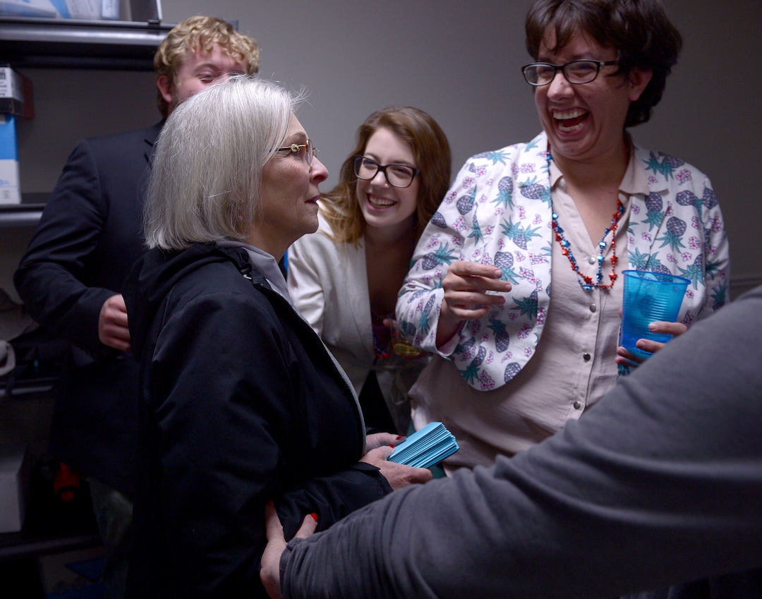 (Leah Hogsten  |  The Salt Lake Tribune) l-r Kathie Allen's election team Ken Peterson, Hannah Kuhnhausen and Ingela Rundquist were elated with Salt Lake County's poll results, and relay the news to a stunned Allen, who had just entered party headquarters November 7, 2017 in Holladay. Allen lost to Republican Provo Mayor John Curtis in the special election after former Rep. Jason Chaffetz vacated his 3rd Congressional District seat.
