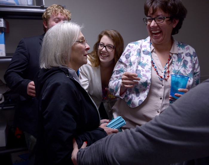 (Leah Hogsten  |  The Salt Lake Tribune) l-r Kathie Allen's election team Ken Peterson, Hannah Kuhnhausen and Ingela Rundquist were elated with Salt Lake County's poll results, and relay the news to a stunned Allen, who had just entered party headquarters November 7, 2017 in Holladay. Allen lost to Republican Provo Mayor John Curtis in the special election after former Rep. Jason Chaffetz vacated his 3rd Congressional District seat.