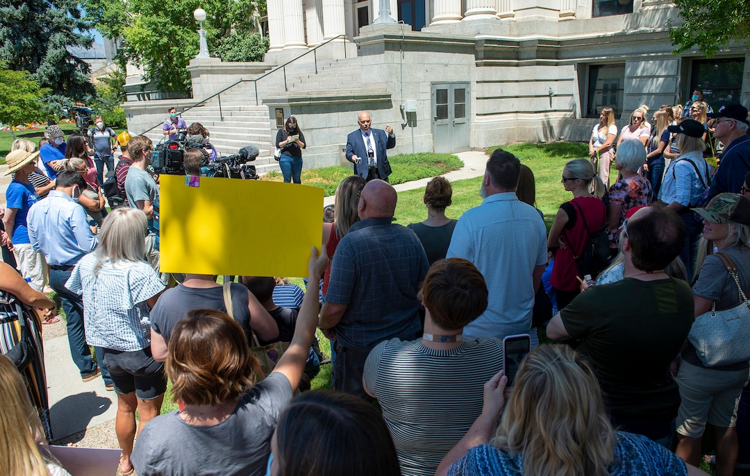 (Rick Egan  |  The Salt Lake Tribune)    Commissioner Bill Lee speaks during a rally protesting against masks being required in schools, before the Utah County Commission meeting in Provo, on Wednesday, July 15, 2020.