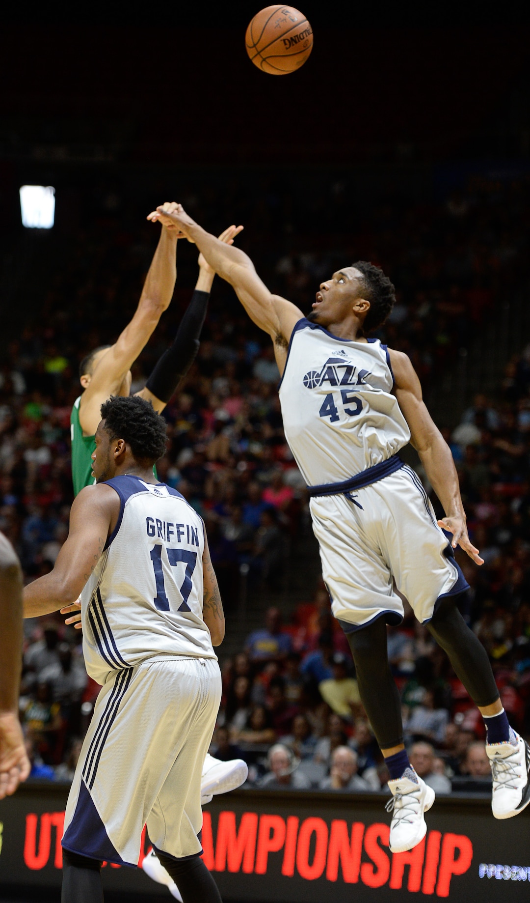 Francisco Kjolseth | The Salt Lake TribuneDonovan Mitchell of the Utah Jazz reaches for a block against the Boston Celtics during the NBA Summer league basketball game at the Huntsman Center, July 6, 2017, in Salt Lake City.