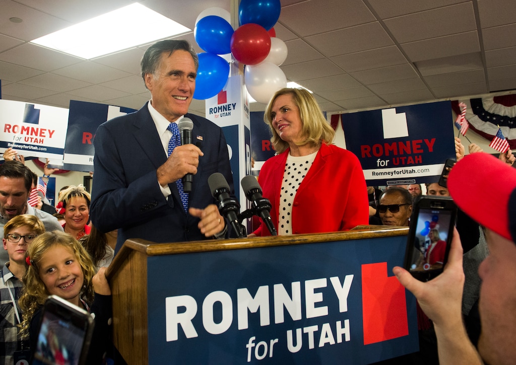 (Rick Egan | The Salt Lake Tribune) Mitt Romney gives his victory speech, at the Romney Headquarters, in Orem, on election night, Tuesday, Nov. 6, 2018.