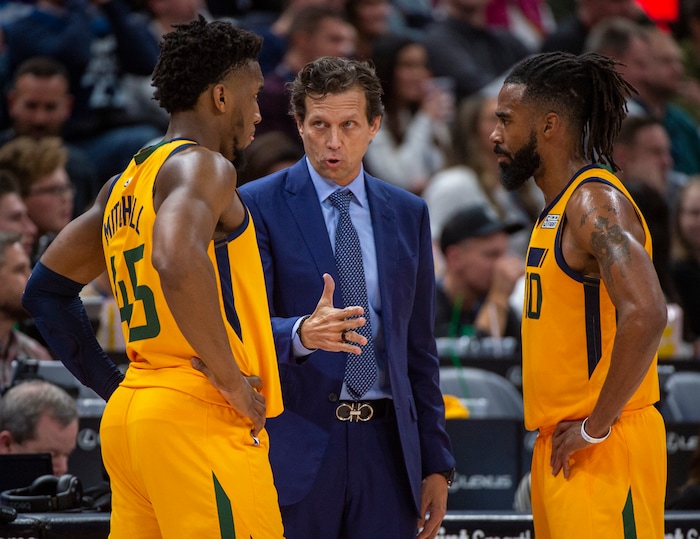 (Rick Egan  |  The Salt Lake Tribune)     Utah Jazz head coach Quin Snyder talks to Utah Jazz guard Donovan Mitchell (45) and Utah Jazz guard Mike Conley (10) during a break in the action, in NBA action between the Utah Jazz and the Minnesota Timberwolves in Salt Lake City, Monday, Nov. 18, 2019.