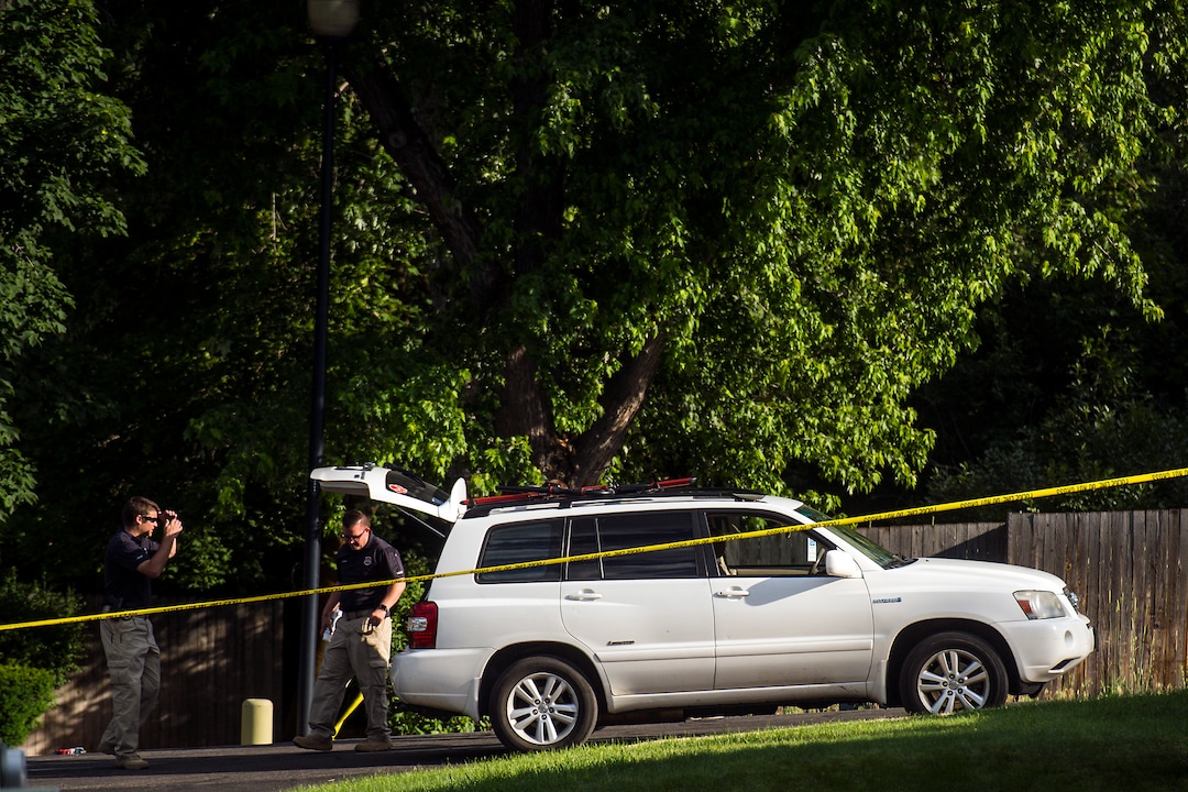 Chris Detrick  |  The Salt Lake TribunePolice officers investigate the scene of a shooting Tuesday, June 6, 2017. The shooting occurred at about 3:45 p.m. outside of a residence at about 2175 East and Alta Canyon Drive (about 8630 South), said Sandy police Sgt. Jason Nielsen. Nielsen said the shooter was among the dead and, therefore, there is no threat to the public.