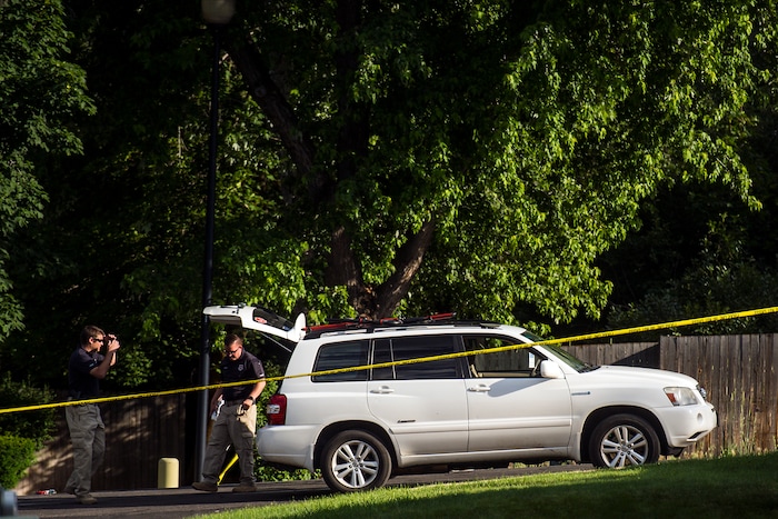 Chris Detrick | The Salt Lake Tribune
Police officers investigate the scene of a shooting Tuesday, June 6, 2017. The shooting occurred at about 3:45 p.m. outside of a residence at about 2175 East and Alta Canyon Drive (about 8630 South), said Sandy police Sgt. Jason Nielsen. Nielsen said the shooter was among the dead and, therefore, there is no threat to the public.