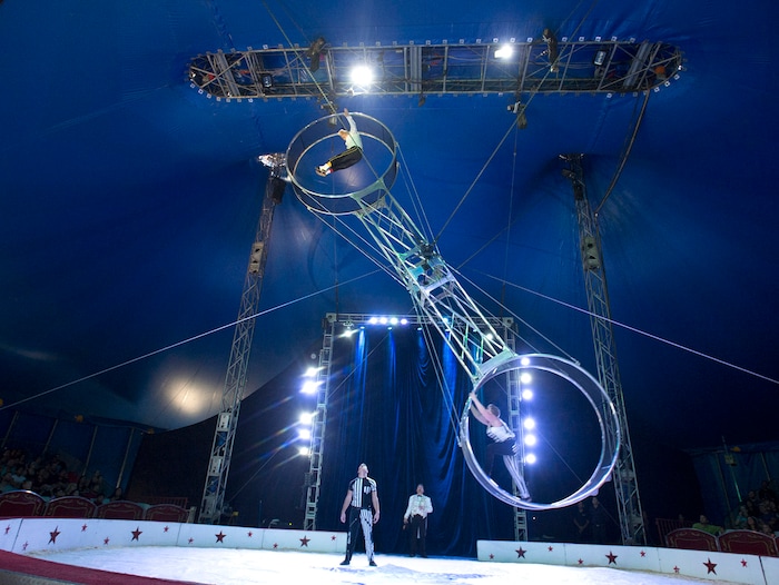(Rick Egan  |  The Salt Lake Tribune)   Bello Nock performs at the Big Top Circus Spectacular, at the Utah State Fair, Sunday, September 10, 2017.



