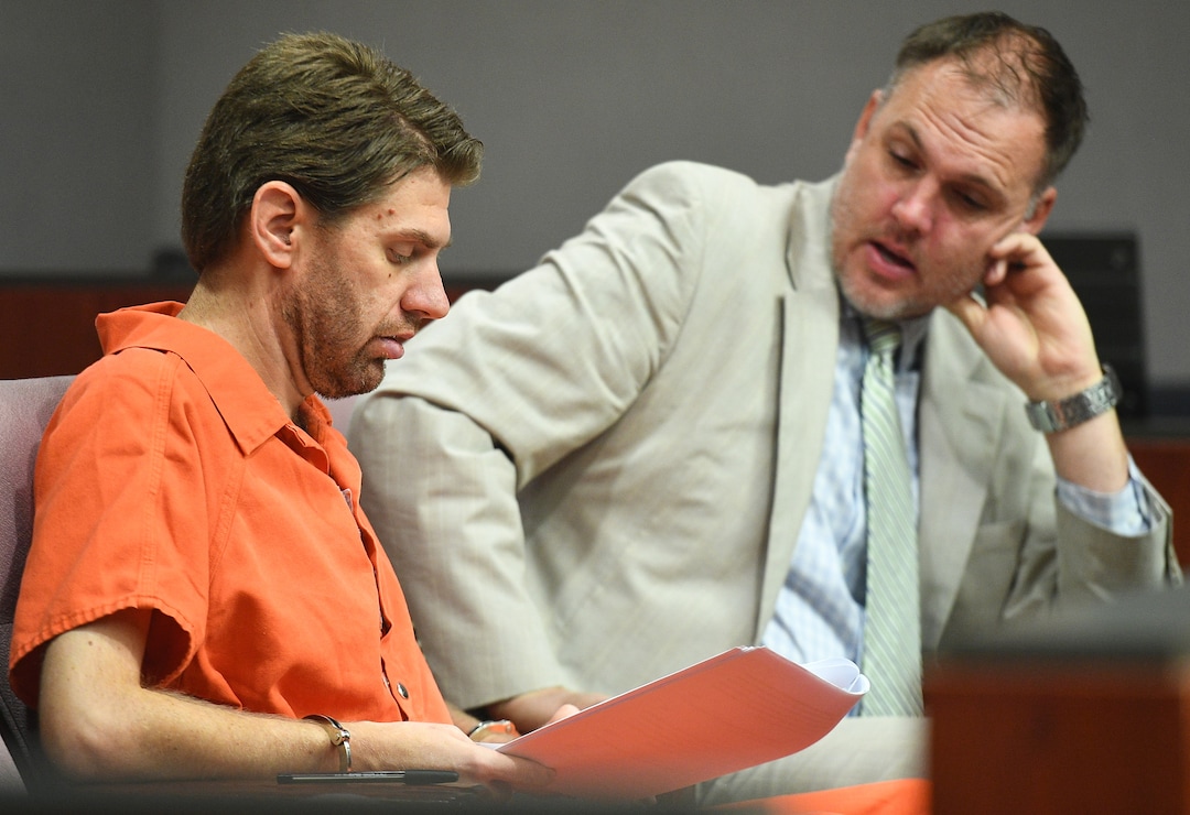 (James M. Dobson  |  Pool Photo)  Defense attorney Troy Sundquist explains the plea agreement to Samuel Shaffer before at the Fifth District Court Wednesday, February 20, 2018. Shaffer pled guilty to one count of first degree felony rape of a child and one count of second degree felony child abuse.