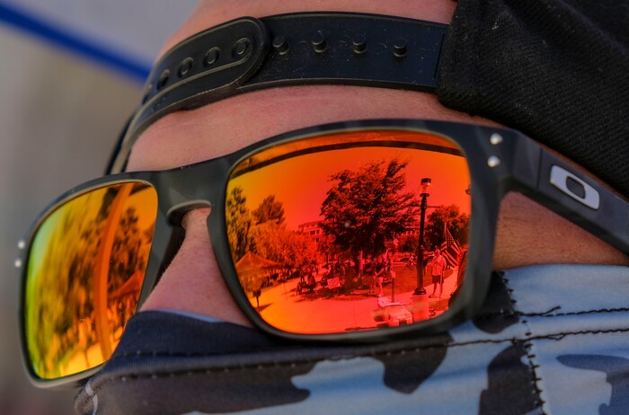 (Leah Hogsten | The Salt Lake Tribune) A few Back the Blue supporters kept an eye out for protesters at the rally in support of law enforcement, Saturday, August 15, 2020 at Washington Square.