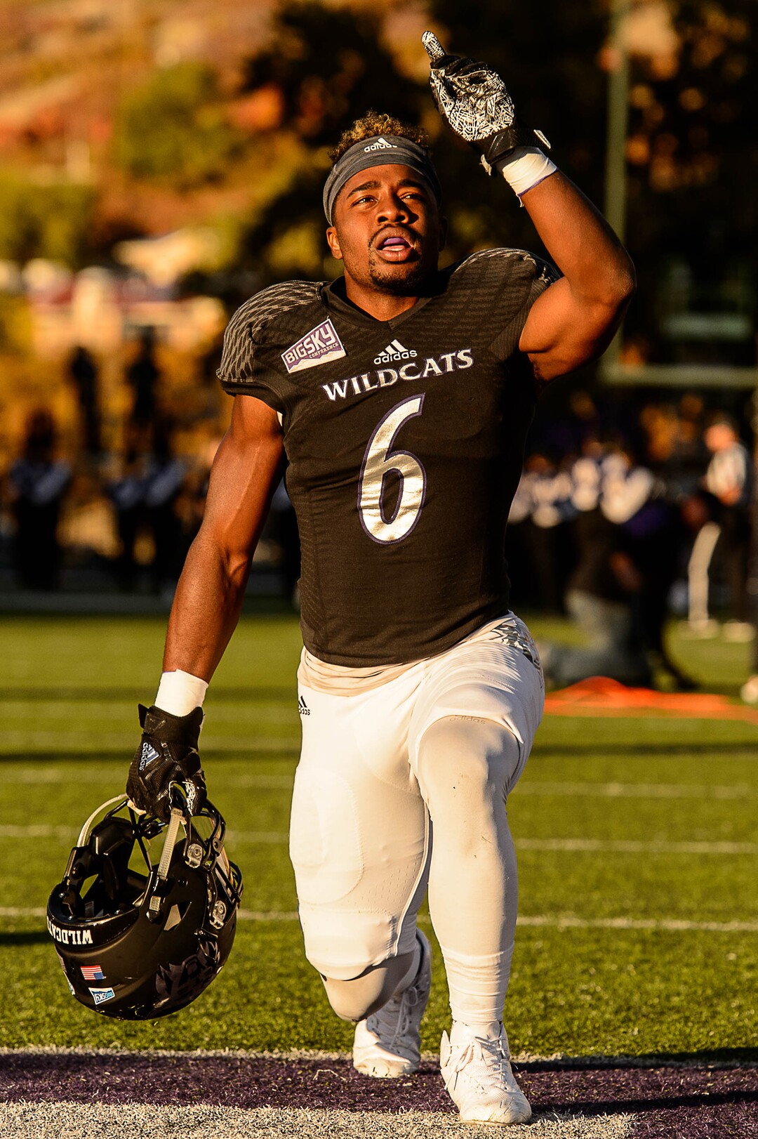 (Trent Nelson | The Salt Lake Tribune)  Weber State Wildcats running back Treshawn Garrett (6) points to the sky pre-game as Weber State hosts Southern Utah, NCAA football in Ogden Saturday October 14, 2017.