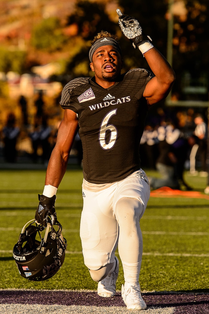 (Trent Nelson | The Salt Lake Tribune)  Weber State Wildcats running back Treshawn Garrett (6) points to the sky pre-game as Weber State hosts Southern Utah, NCAA football in Ogden Saturday October 14, 2017.