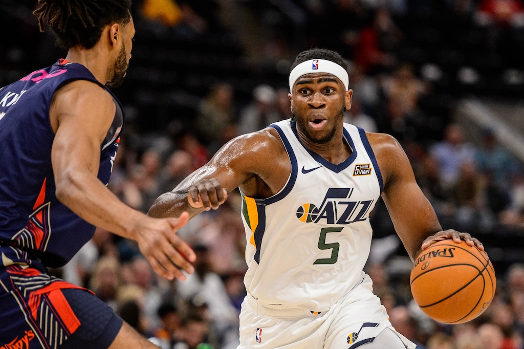 (Trent Nelson  |  The Salt Lake Tribune)  Utah Jazz forward Jarrell Brantley (5) as the Utah Jazz host the Adelaide 36ers, NBA basketball in Salt Lake City on Saturday Oct. 5, 2019.
