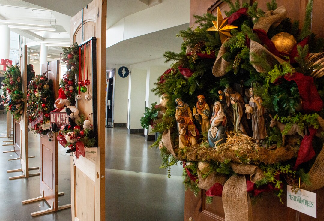 (Rick Egan | The Salt Lake Tribune) Wreaths and Nativity scenes are up for auction at Festival of Trees, the Utah holiday fund-raiser for Primary Children's Hospital. This year's event, previewed to the media on Monday, Nov. 23, 2020, happens in Vivint Smart Home Arena, but will only be seen by the public online.