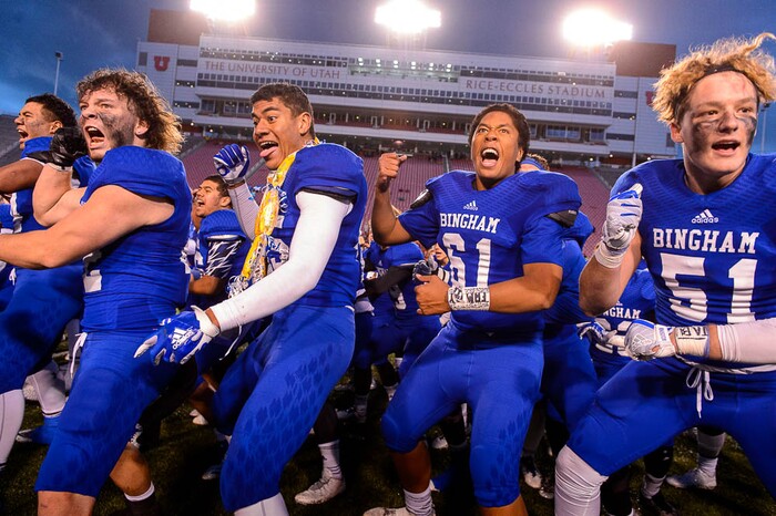 (Trent Nelson | The Salt Lake Tribune)  Bingham players perform a haka dance after defeating East in the Class 6A High School State Football Championship game in Salt Lake City, Friday November 17, 2017.
