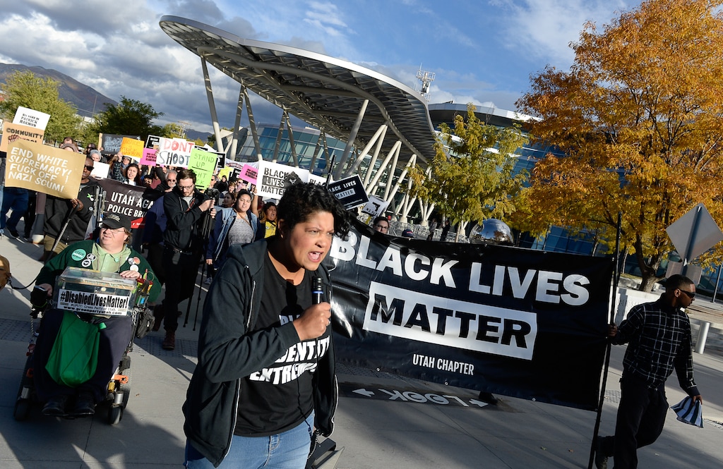 (Francisco Kjolseth | The Salt Lake Tribune) Lex Scott, founder for the civil rights organization United Front Party, leads a march to demand justice for the killing of Patrick Harmon, who was shot by police on Aug. 13 when he tried to flee after being stopped on his bicycle. Around 150 people gathered for the rally at the Salt Lake City Public Safety Building on Sunday, Oct. 8, 2017, demanding Salt Lake County District Attorney Sim Gill be fired for his "justified" ruling in the case.