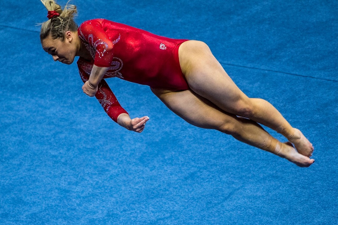 (Chris Detrick  |  The Salt Lake Tribune)  Utah's Sydney Soloski competes on the floor during the gymnastics meet against Brigham Young University Friday, January 5, 2018.  