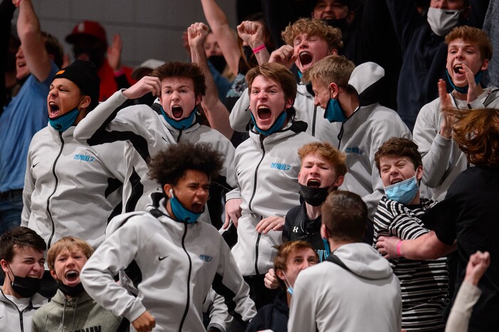 (Trent Nelson | The Salt Lake Tribune) Farmington fans celebrate a three-pointer that tied the game as Lehi defeats Farmington High School in the 5A boys basketball state championship game, in Taylorsville on Saturday, March 6, 2021.