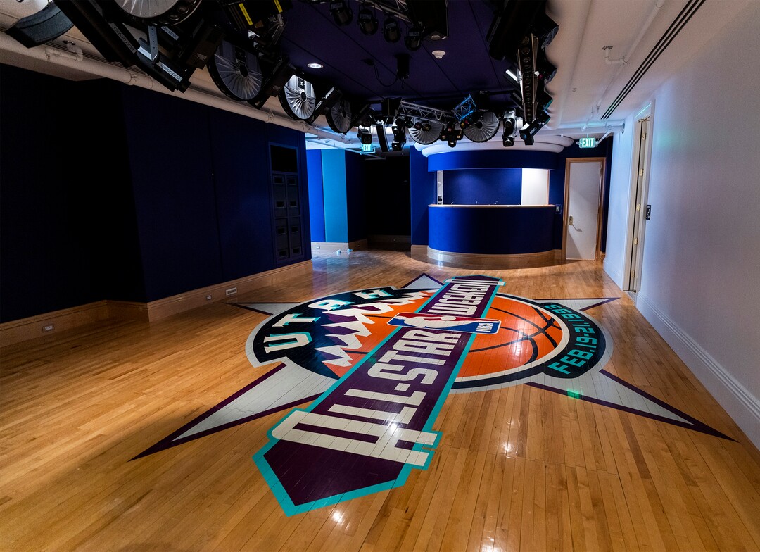 (Rick Egan | The Salt Lake Tribune) The floor from the 1993 All-Star Game in the basement of Utah Valley University's new Museum of Art at Lakemount Manor in Orem, on Wednesday, May 10, 2023.