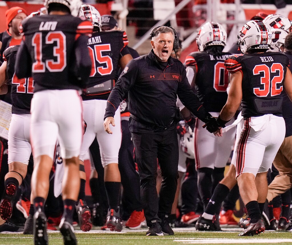(Leah Hogsten | The Salt Lake Tribune) Utah Utes head coach Kyle Whittingham celebrates second half play as the University of Utah defeated the Arizona Sun Devils in Pac-12 action, 35-21 at Rice-Eccles Stadium, Oct. 10, 2021. 