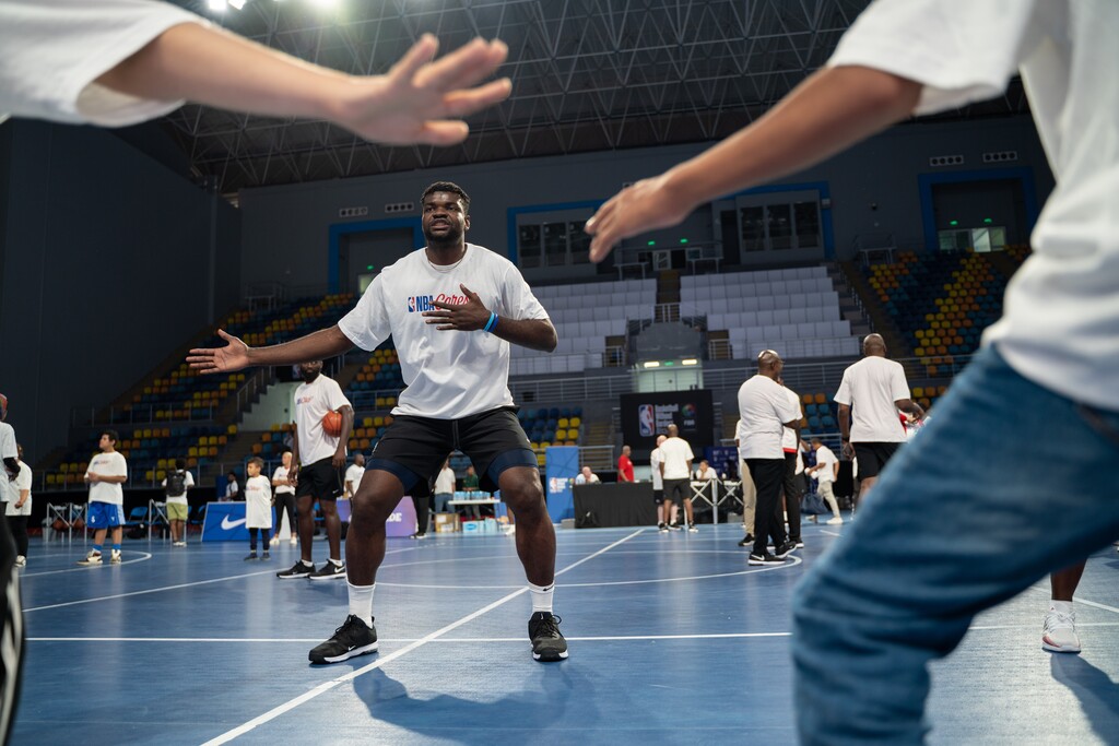 (Photo courtesy of NBA Africa) Utah Jazz center Udoka Azubuike does some drills with participants in the 18th Basketball Without Borders Africa camp, at the Hassan Mostafa Indoor Sports Complex in Cairo, Egypt.