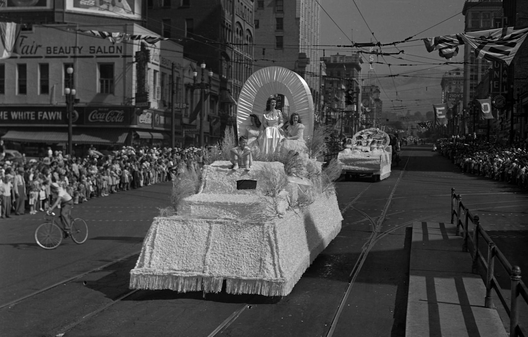 (Photo courtesy of Utah State History) Days of '47 Queen Marion Woodard and her attendants ride a float down Salt Lake City's Main Street in the 1945 Pioneer Day parade — held in the waning days of World War II. The photo was originally taken by a Salt Lake Tribune staff photographer.