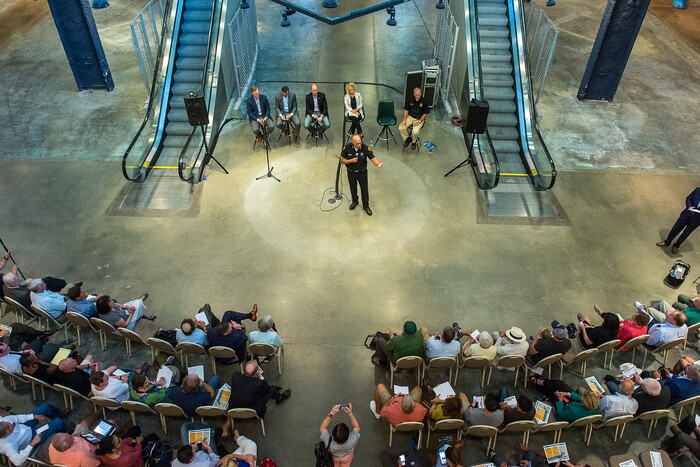 (Chris Detrick  |  The Salt Lake Tribune) Salt Lake City Police Chief Mike Brown speaks during a public forum about Operation Rio Grande at The Gateway in Salt Lake City Tuesday, August 15, 2017. 