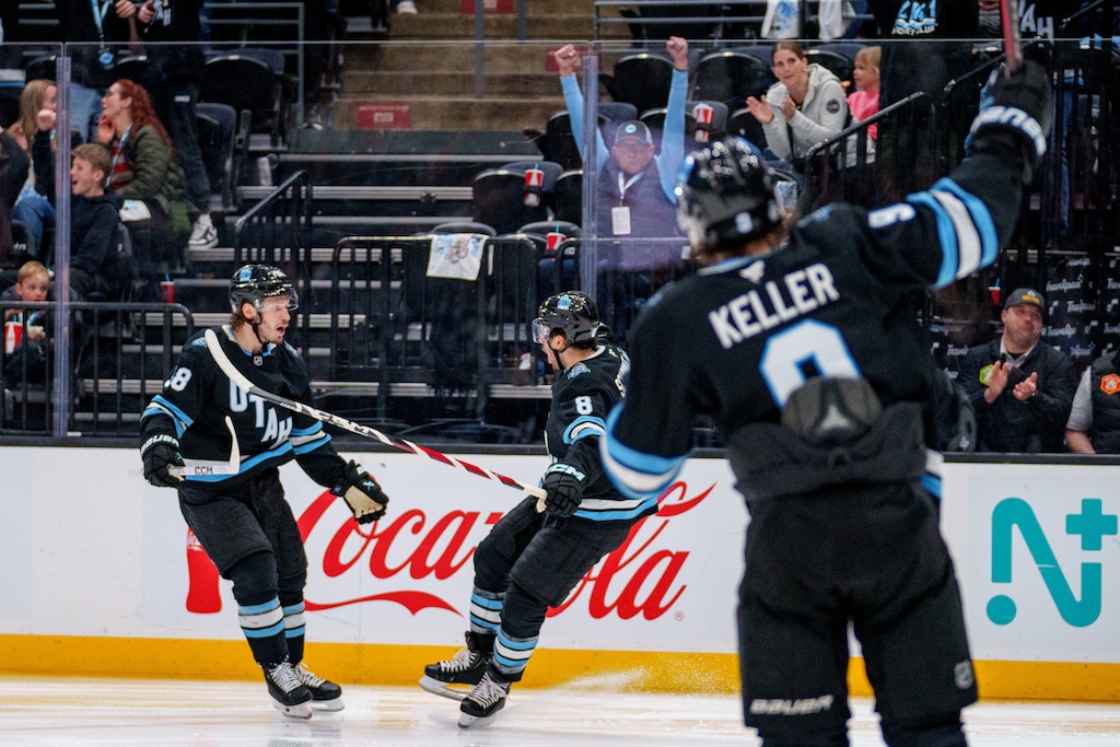 (Trent Nelson  |  The Salt Lake Tribune) Utah Hockey Club center Nick Schmaltz (8) celebrates a goal as Utah Hockey Club hosts the Tampa Bay Lightning, NHL hockey at the Delta Center in Salt Lake City on Saturday, March 22, 2025.