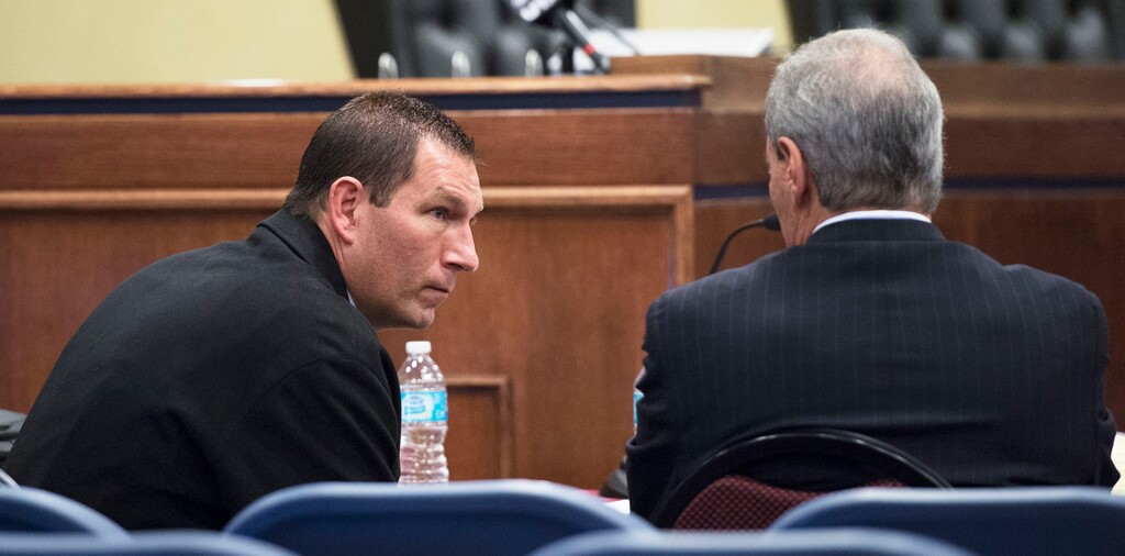 Steve Griffin | The Salt Lake Tribune
Former West Valley City Police Lt. John Coyle, left, talks with his attorney Erik Strindberg at the West Valley City Civil Service Commission during his hearing at the West Valley City offices in West Valley City, Utah Monday, January 27, 2014. Coyle headed the department's discredited and now-defunct Neighborhood Narcotics Unit.