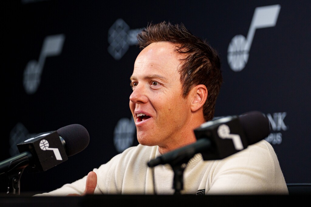 (Trent Nelson  |  The Salt Lake Tribune) Team owner Ryan Smith as Austin Ainge is introduced as the new president of basketball operations for the Utah Jazz at a news conference in Salt Lake City on Monday, June 2, 2025.