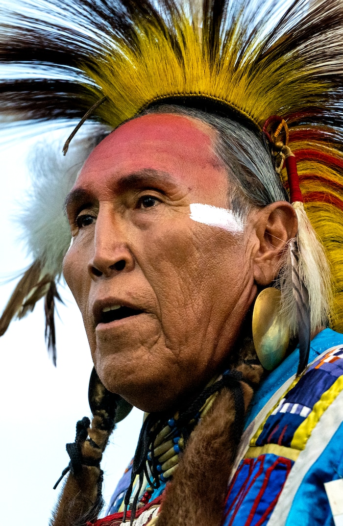 (Leah Hogsten | The Salt Lake Tribune Greg Red Elk, 67, with the Dakota Indian Tribe from Poplar, Montana dances during the Grand Entry at the 41st Annual Paiute Indian Tribe of Utah Restoration Gathering, Aug. 13, 2021 in Cedar City, Utah.