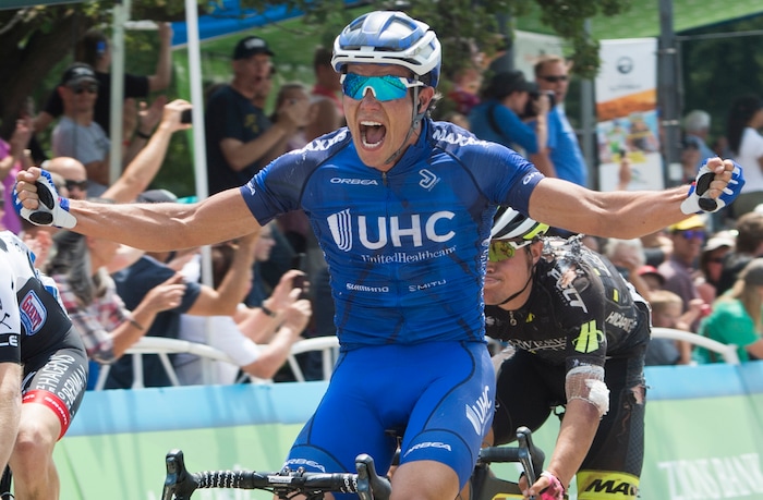 (Rick Egan  |  The Salt Lake Tribune)  Travis McCabe celebrates at the finish line,  as he finishes first in stage 5, in the Tour of Utah, in Bountiful,Friday, August 4, 2017.


