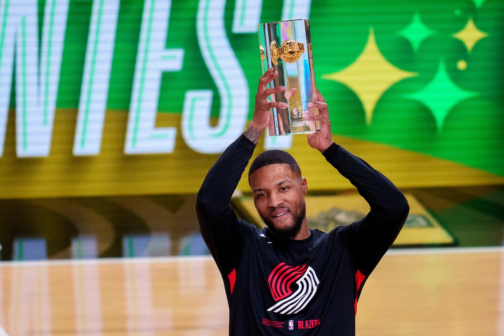 (Trent Nelson | The Salt Lake Tribune) Damian Lillard wins the 3-Point Contest as part of NBA All-Star Weekend, in Salt Lake City on Feb. 18, 2023. On Wednesday, the Portland Trail Blazers traded the All-Star guard to the Milwaukee Bucks.
