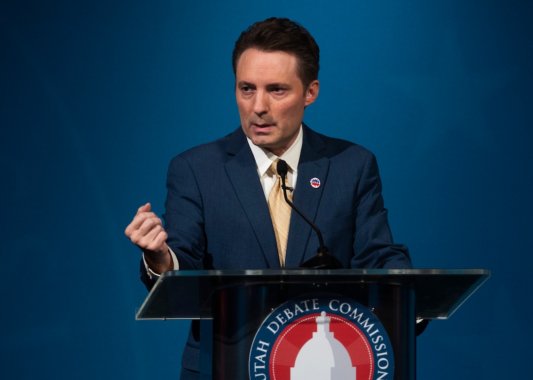 (Rick Egan  |  The Salt Lake Tribune)    J. Robert Latham (L) speaks during the 2nd Congressional District debate between J. Robert Latham (L), Chris Stewart (R) and Kael Weston (D), at KSL Studio in Salt Lake City, on Monday, October 19, 2020