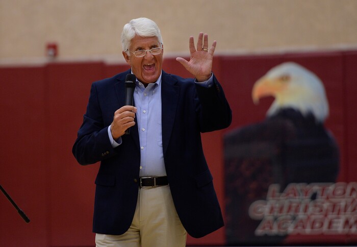 (Scott Sommerdorf   |  The Salt Lake Tribune)   
Congressman Rob Bishop during his town hall meeting held at Layton Christian Academy in Layton, Utah, Friday, August 25, 2017.