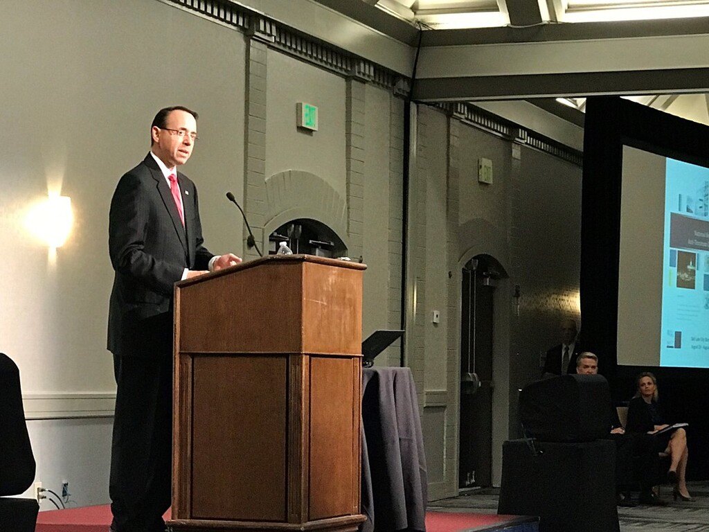 (Courtesy U.S. Justice Department)  Deputy U.S. Attorney Rod Rosenstein addresses the 10th Annual Utah National Security and Anti-Terrorism Conference in Salt Lake City on Aug. 30. 2017.