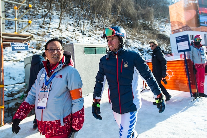 (Chris Detrick  |  The Salt Lake Tribune)  USA's Ted Ligety goes to doping control after competing in the Men's Alpine Combined at Jeongseon Alpine Centre during the Pyeongchang 2018 Winter Olympics Tuesday, February 13, 2018.  Ligety finished in 5th place with a time of 2:07.97.