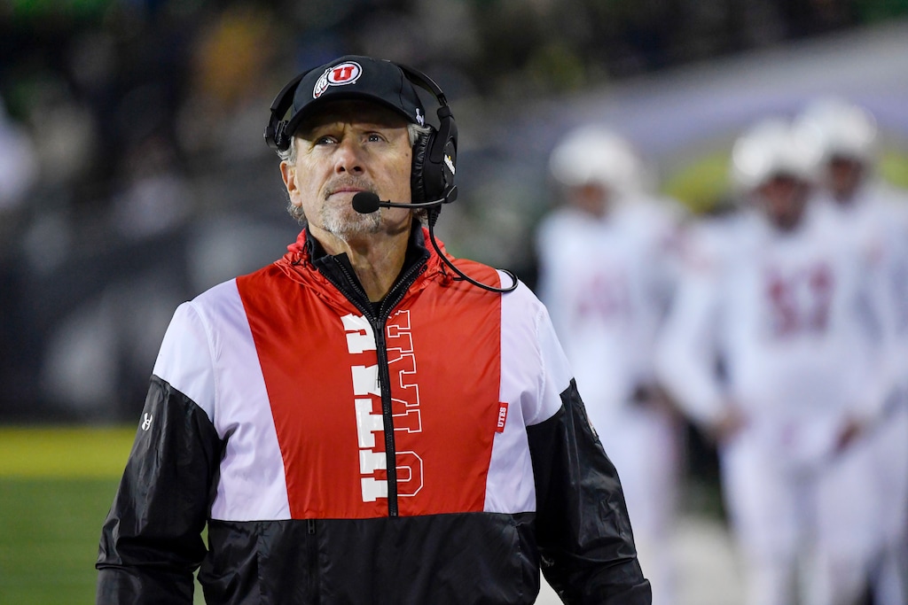 (Andy Nelson | AP) Utah head coach Kyle Whittingham looks at the scoreboard after taking a timeout against Oregon during the second half of an NCAA college football game Saturday, Nov. 19, 2022, in Eugene, Ore.