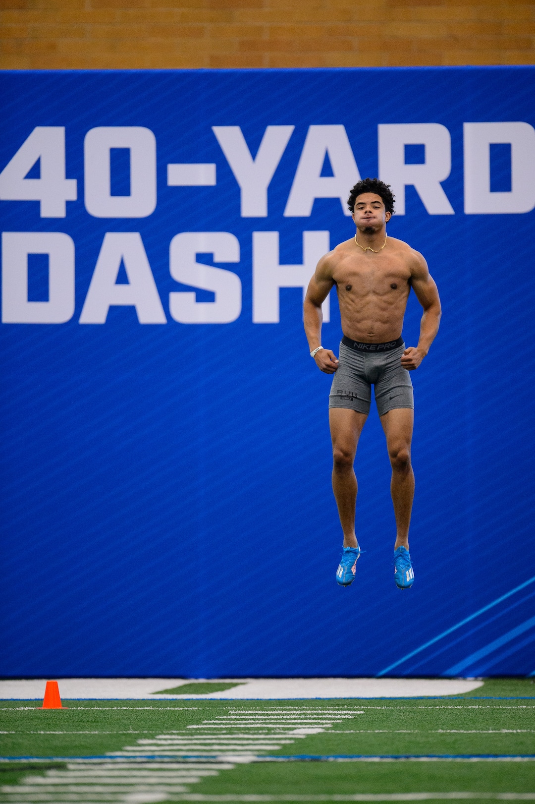 (Trent Nelson  |  The Salt Lake Tribune) Chris Wilcox prepares to run the 40-yard dash, which he did in 4.31 seconds, during BYU football Pro Day, in Provo on Friday, March 26, 2021.