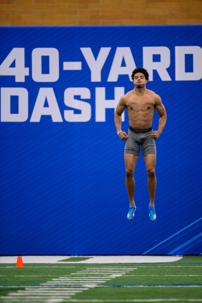 (Trent Nelson | The Salt Lake Tribune) Chris Wilcox prepares to run the 40-yard dash, which he did in 4.31 seconds, during BYU football Pro Day, in Provo on Friday, March 26, 2021.