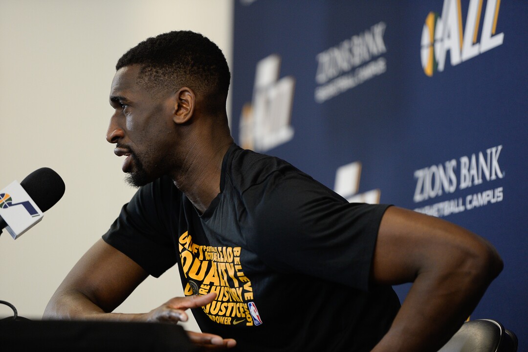 (Francisco Kjolseth  |  The Salt Lake Tribune)  Utah Jazz      center-forward Ekpe Udoh speaks with the media during exit interviews at their practice facility in Salt Lake City Wed., May 8, 2018, after losing to the Houston Rockets in game 5 of their Western Conference Semifinals during the 2018 NBA Playoffs.