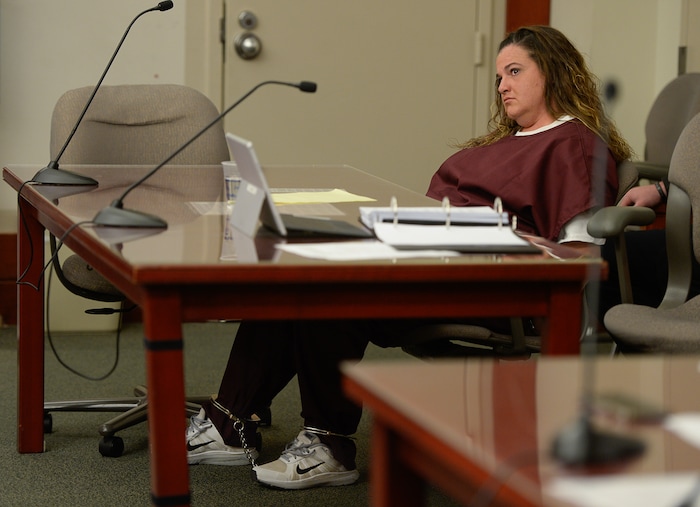 (Francisco Kjolseth  |  The Salt Lake Tribune)  With shackles on her ankles and wrists, a preliminary hearing begins on Monday, Jan. 8, 2018, for Shutney Kyzer, who on July 4, 2017, allegedly drove a car onto the sidewalk in downtown Salt Lake City, killing one homeless person, 27-year-old Kendra Griffis and injuring five others.