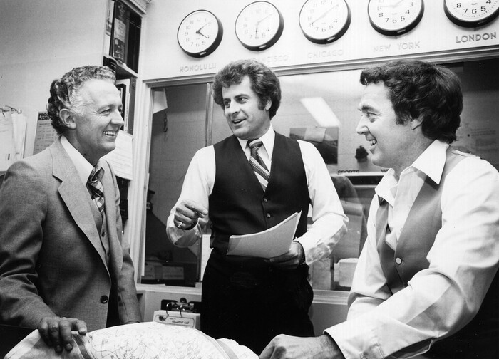 (Tribune file photo) KSL Weatherman Bob Welti, anchorman Dick Nourse, and sports anchor Paul James at the old KSL broadcast house on Social Hall Ave. Welti died June 4, 2019. Welti was 94.