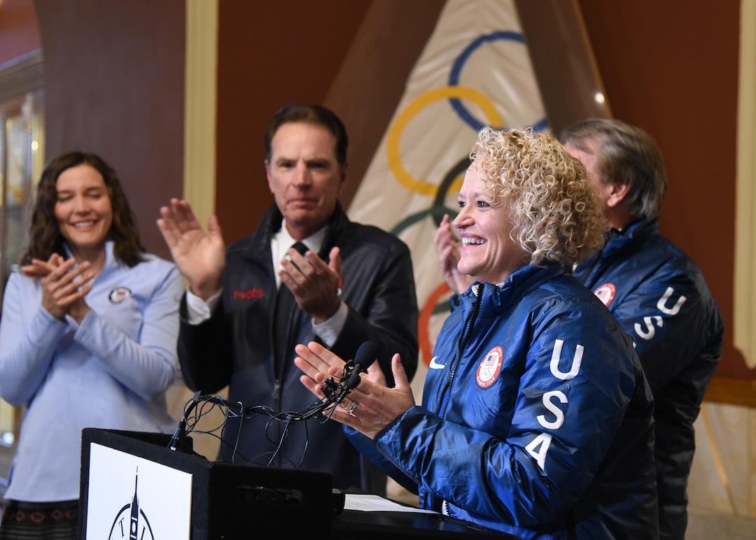 (Francisco Kjolseth  |  The Salt Lake Tribune)  Salt Lake Mayor Jackie Biskupski joins other Salt Lake City officials celebrating after getting the news that U.S. Olympics Committee chose Salt Lake City over Denver to bid for a future Winter Olympics, possibly 2030, as they gather at City Hall on Friday, Dec. 14, 2018 to announce the decision.