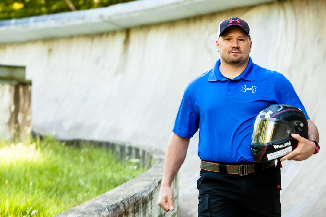 5 September, 2013; World Champion Bobsled Driver Steven Holcomb poses at the Olympic Sports Complex Bobsled track near Lake Placid, N.Y. (Photo/Todd  Bissonette)